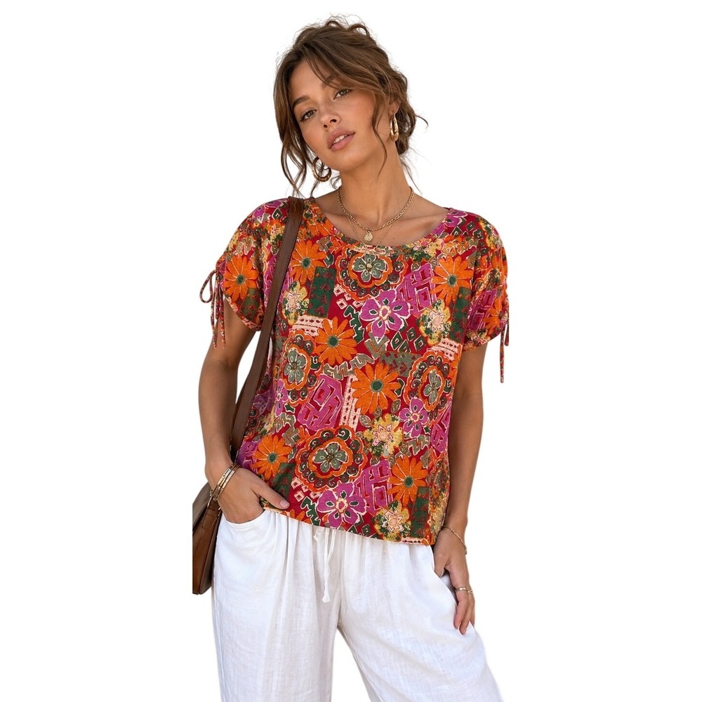 Floral BohoTop L Retro Tie Sleeve Festival Hippie Vacation Coastal Summer Artsy
